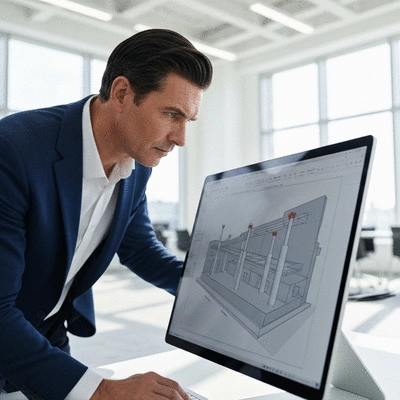 Architect reviewing BIM model on a large screen, showing Big Foot supports integrated into a building design