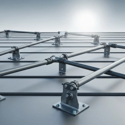 Vue rapproch&eacute;e de plusieurs supports Big Foot sur un toit, d&eacute;montrant diff&eacute;rentes capacit&eacute;s de charge et r&eacute;glages, sans texte, sans mots, sans typographie, 8K