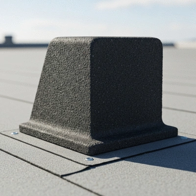 Close-up of a BigFoot support made from recycled rubber on a flat roof, demonstrating eco-friendly design and stability