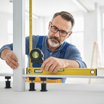 Professional using measuring tools to ensure precise leveling of a support structure