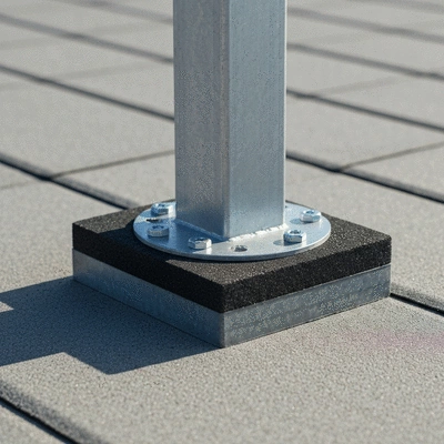 Close-up of a Big Foot support base on a technical roof, showing the non-penetrating design and recycled rubber material.