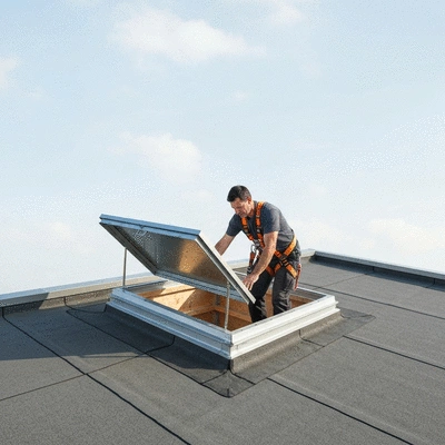 Worker safely accessing a flat roof via a secure roof hatch, wearing full safety harness, clear sky, no text, clean image