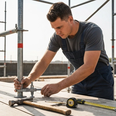 Person adjusting a height-adjustable foot on a construction site, showing precision and stability