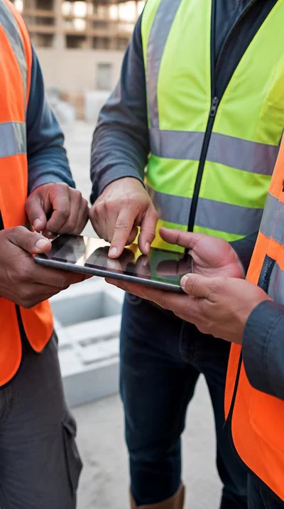 Construction workers reviewing safety regulations on a digital tablet
