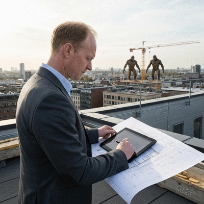 Architect reviewing construction plans with Big Foot supports in background