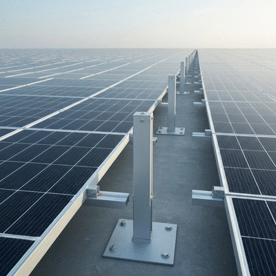 Close-up of eco-friendly photovoltaic supports on a rooftop, with solar panels in the background, no text, no words, no typography, 8K, natural lighting