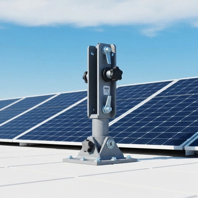 Close-up of a Big Foot adjustable support on a rooftop with solar panels in the background