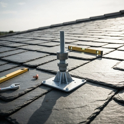 Gros plan sur un support de climatisation Big Foot réglable sur un toit inégal, avec des outils d'installation à proximité.