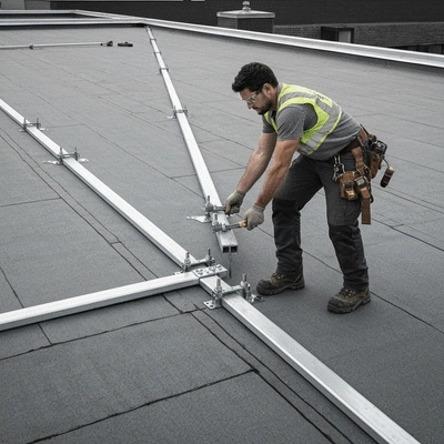 Un professionnel installant un support Big Foot sur une toiture plate, outils à la main, vue d'ensemble, no text, no words, no typography, clean image