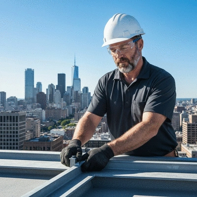 Professional installing a Big Foot kit on a rooftop, with city skyline in background, clear sky, no text, no words, no typography, 8K