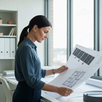 Architect reviewing blueprints for a solar panel installation with Big Foot supports, no text, no words, no typography, clean image