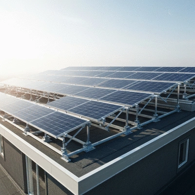 Système de supportage photovoltaïque Big Foot installé sur un toit plat avec des panneaux solaires, vue aérienne, no text, no words, no typography, clean image