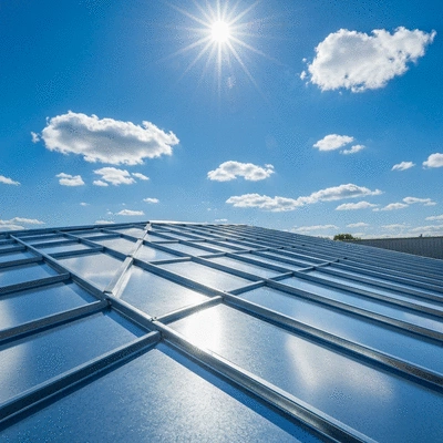 Toiture en acier galvanisé brillant sous un ciel ensoleillé, montrant sa durabilité et sa résistance aux intempéries.
