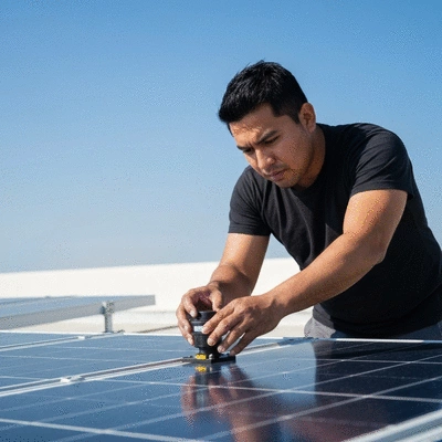 Un technicien installant un pied réglable Big Foot sur un panneau solaire sur un toit, avec un ciel clair en arrière-plan.
