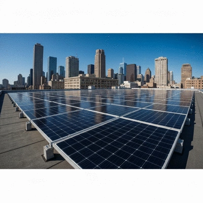 Panneaux solaires installés sur toiture plate avec système de supportage Big Foot, environnement urbain, ciel clair