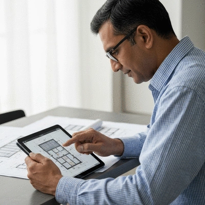 Architect reviewing modular structure plans on a digital tablet