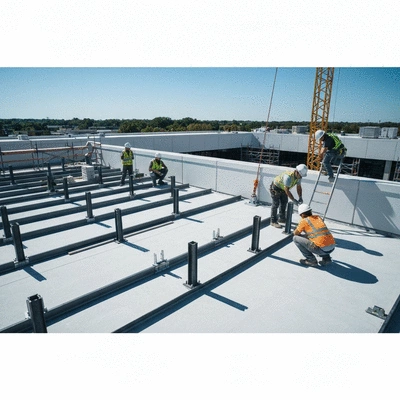 Builder installing Big Foot supports on a rooftop, showing ease of use