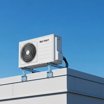 Modern air conditioning unit on a flat roof supported by a Big Foot system, clear sky background, no text, no words, no typography, clean image