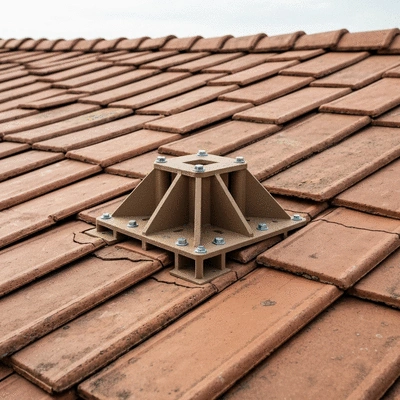 Close-up of a Big Foot support base on a weathered rooftop, showcasing its stability and non-invasive design, no text, no words, no typography, clean image