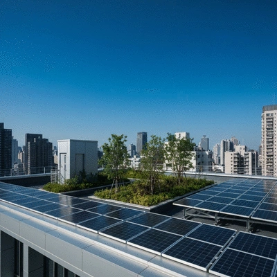 Toiture plate avec des panneaux solaires et un petit jardin en milieu urbain dense