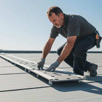 Worker installing Big Foot fixing plates on a flat roof