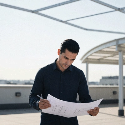 Architect reviewing blueprints of a building with adjustable roof supports