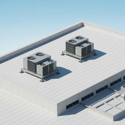 Isometric view of a flat roof with HVAC units on BigFoot supports, highlighting vibration isolation