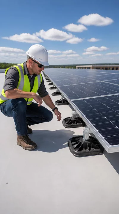 Ingénieur vérifiant une installation de panneaux solaires sur un toit plat