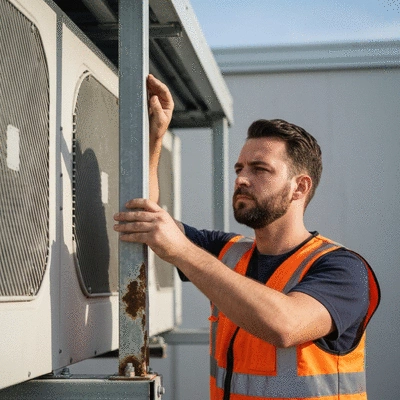 Person inspecting Big Foot support for corrosion