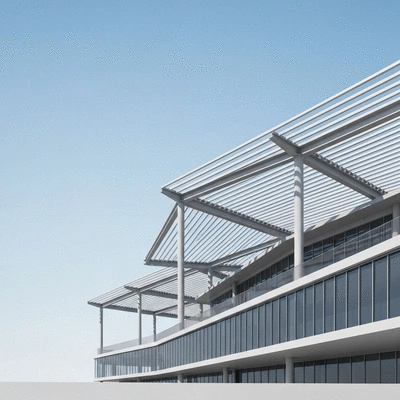 Architectural rendering of a modern building with modular roof support systems, clean lines, bright sky, no text, no words, no typography, 8K