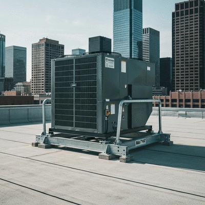 HVAC unit supported by Big Foot chassis on a flat rooftop, professional installation, clean image