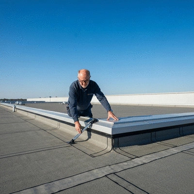 Professional inspecting a flat roof for maintenance, checking seals and drainage
