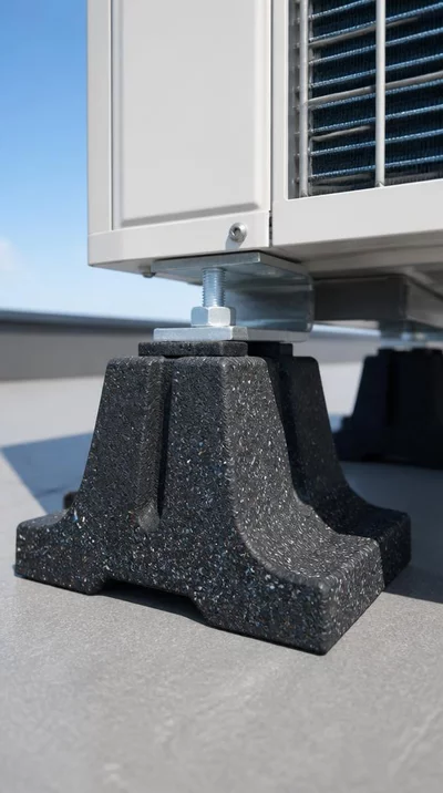 Close-up of recycled rubber Big Foot support base on a rooftop, with a modern air conditioning unit in the background, no text, no words, no typography, clean image
