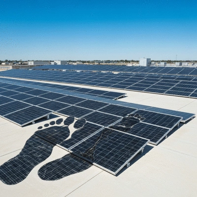 Modern solar panel installation on a commercial building rooftop with Big Foot supports, clear blue sky, no text, no words, no typography, clean image