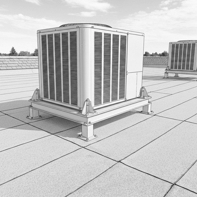 Detailed close-up of a Big Foot support for an HVAC unit on a rooftop, showing proper leveling and ventilation