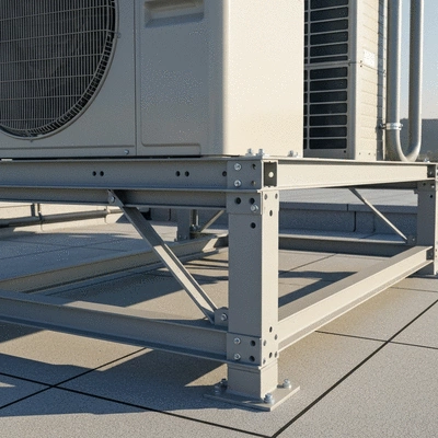 Close-up view of a robust, modular support system for an outdoor air conditioning unit on a flat rooftop, no text, no words, no typography, clean image