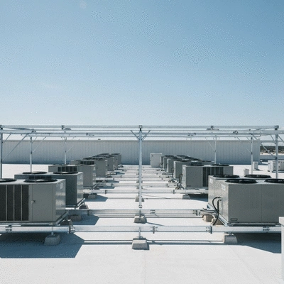 Commercial rooftop with Big Foot self-supporting systems for multiple HVAC units, clean industrial setting