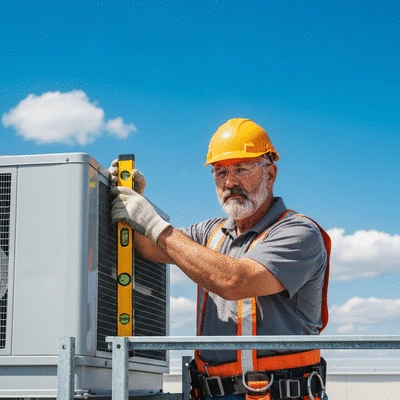 Professional installing Big Foot supports for an HVAC unit on a rooftop, with safety gear and precision tools