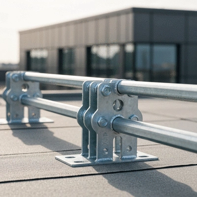 Close-up of a Big Foot threaded rod system installed on a flat roof, showing its robust galvanized steel construction and modular design, with a blurred background of a modern building rooftop, no text, no words, no typography, clean image