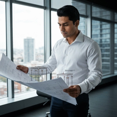 Architect reviewing blueprints with Big Foot support systems, professional and modern office environment, no text, no words, no typography