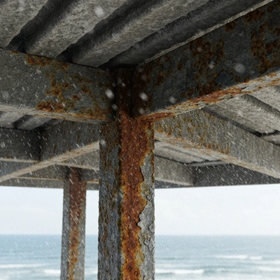 Coastal roof support showing signs of corrosion with salt spray and humidity effects