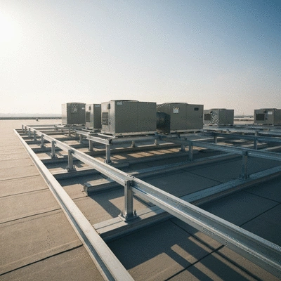 Système de supportage Big Foot installé sur un toit plat, avec des équipements CVC, fond clair, no text, no words, no typography, clean image