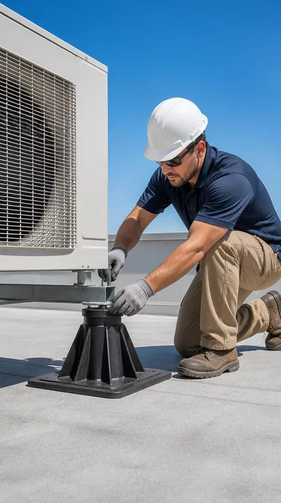 Professional installing a Big Foot support for an air conditioning unit on a rooftop, with a clear blue sky background, no text, no words, no typography, clean image