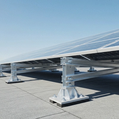 Support Big Foot sur une toiture plate, avec des panneaux solaires installés dessus, vue de près, no text, no words, no typography, clean image