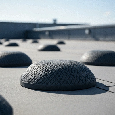 Gros plan sur les bases en caoutchouc recyclé du système Big Foot Supportage sur un toit, symbolisant l'engagement écologique et la durabilité.