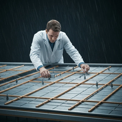 Ing&eacute;nieur examinant les syst&egrave;mes de supportage sur une maquette de toit