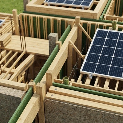 Close-up of a sustainable construction site with solar panels and green materials