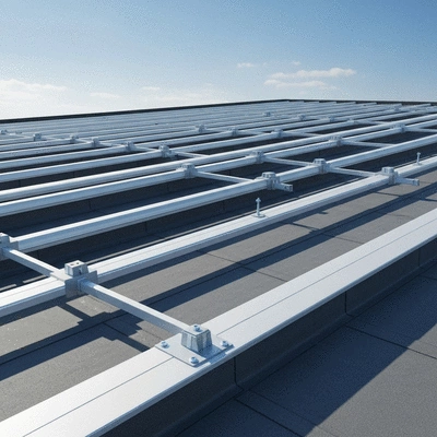 Système de supportage autoportant installé sur une toiture plate, mettant en évidence la modularité et l'absence de perçage.