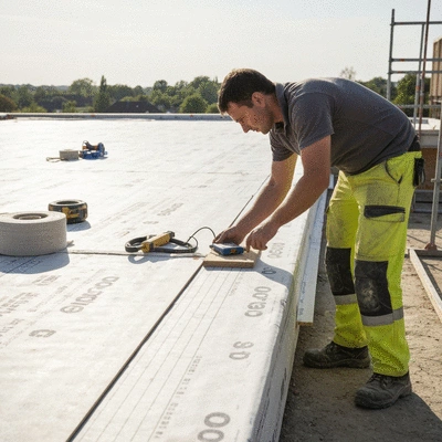 Travaux d'étanchéité sur une toiture-terrasse avec des ouvriers, vue de dessus, matériaux de qualité