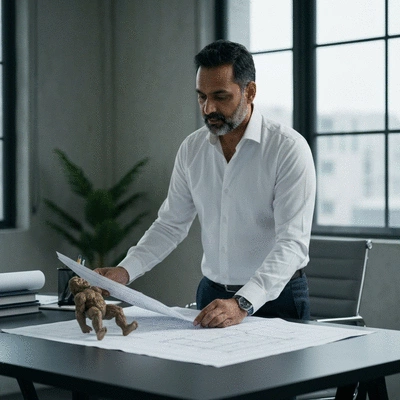 Architect reviewing construction plans with a Big Foot support model on a table